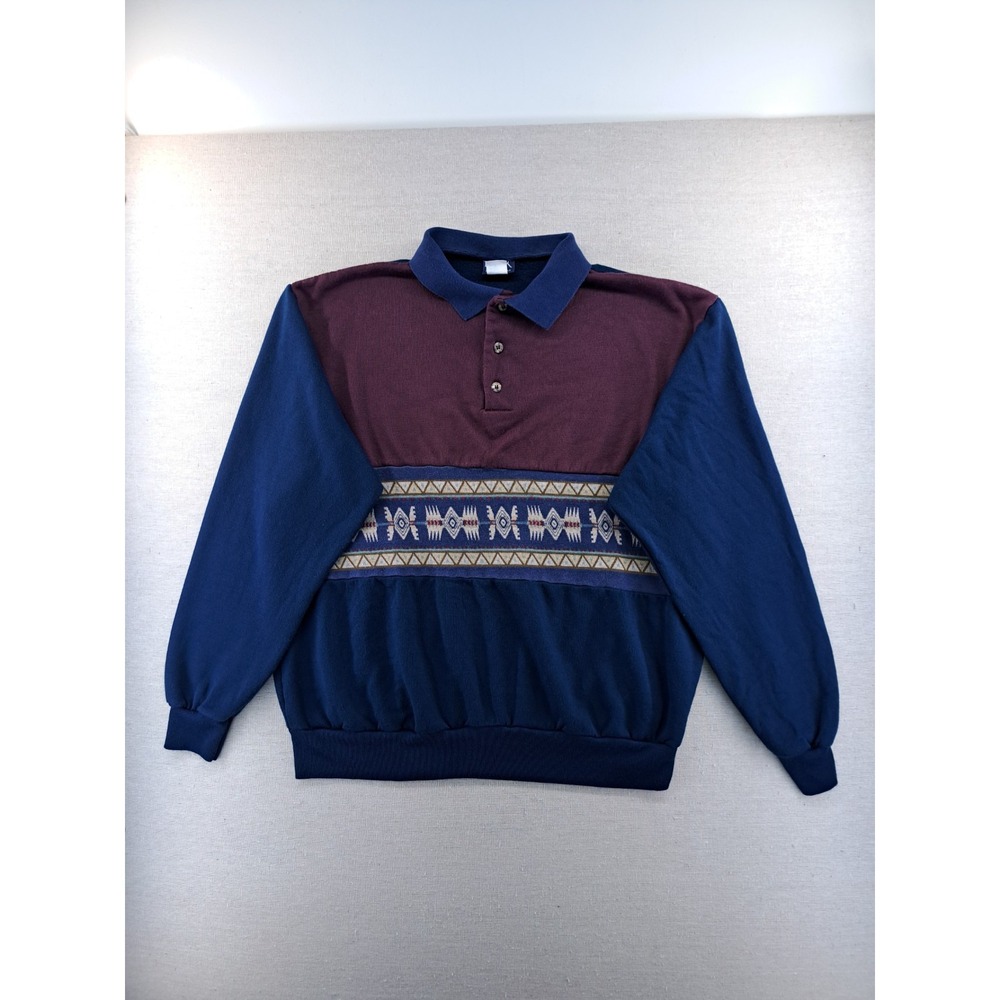 Vintage Aztec Pattern Polo Collar Sweater Southwestern Blue BLAIR Men Large 90s